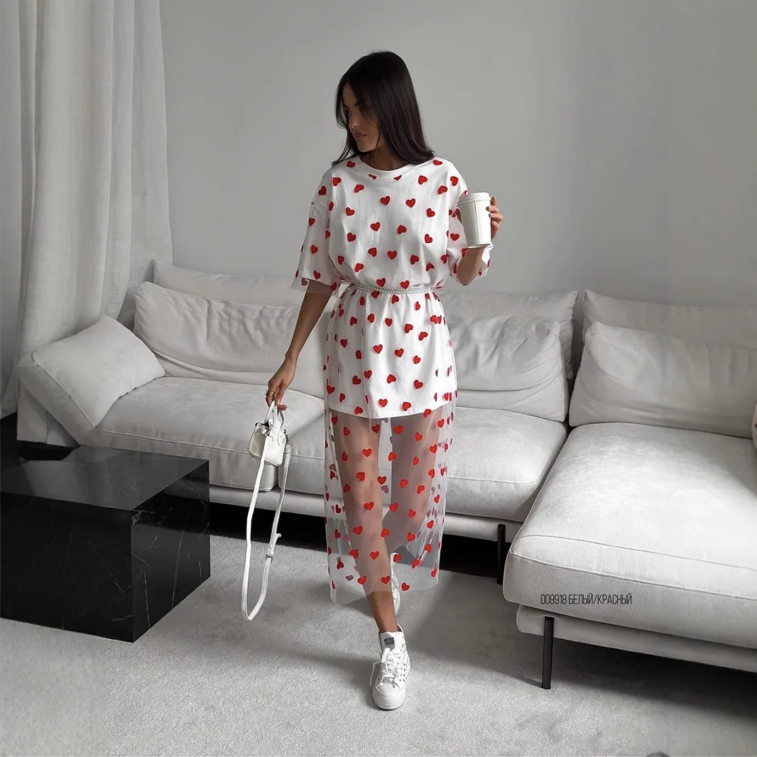 Women's Love Mesh Patchwork Dresses Fashion Loose Short-sleeved T-shirt Dress Pearl Belt Casual Lady Commuting Outfits Vestidos