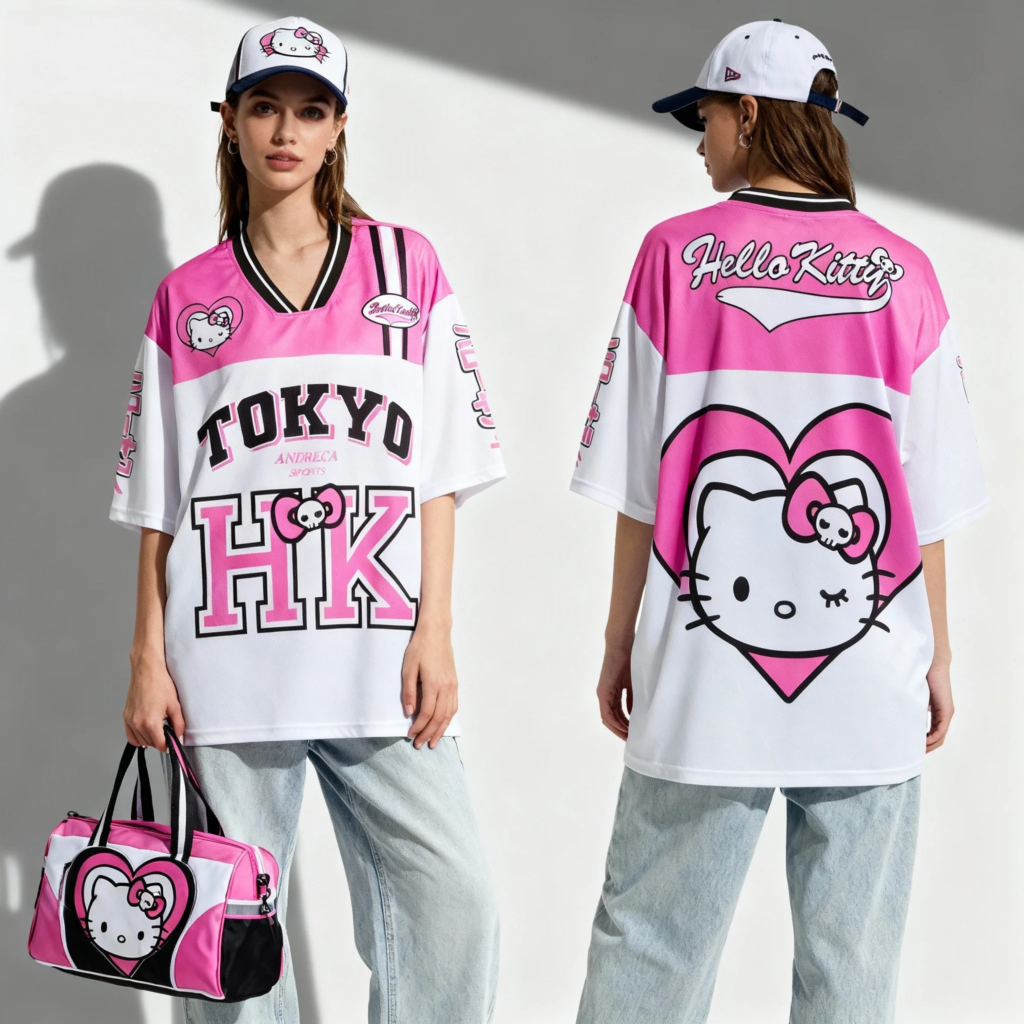 

Семейная рубашка Sanrio Hello Kitty Series, милая и крутая американская уличная летняя футболка, женский топ большого размера для взрослых, новый стиль