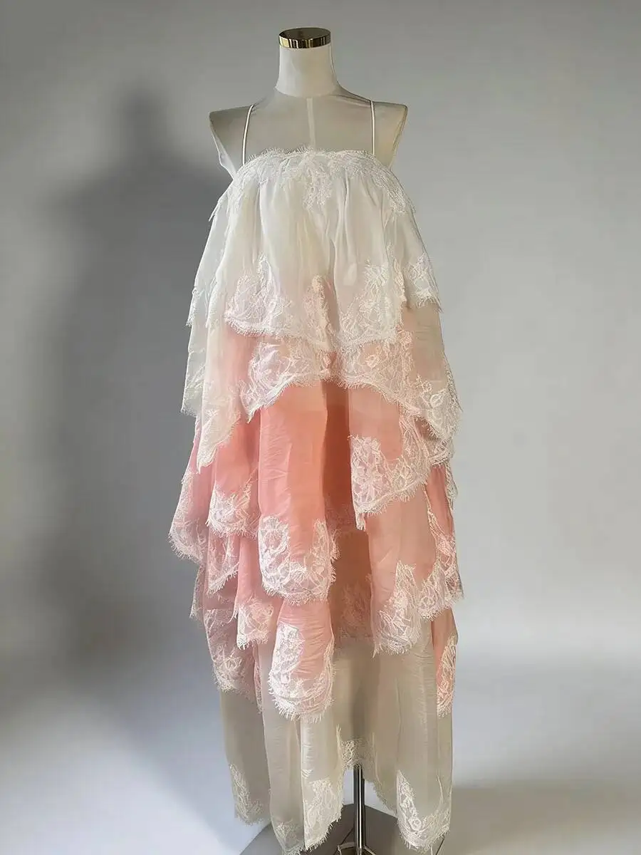 BJTZ Designer Exclusive Flowy Gradient Lace Applique Spaghetti Strap Maxi Dress Boho Beach Party Spring Summer 2026 New Arrival