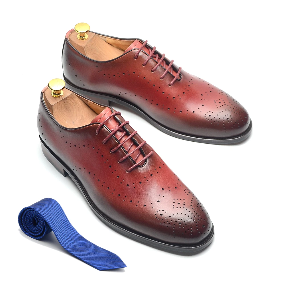 Luxury Social Wedding Mens Dress Shoes Genuine Leather Wingtip Oxford Formal Shoes Red Black Lace-up Brogue Business Shoes Man