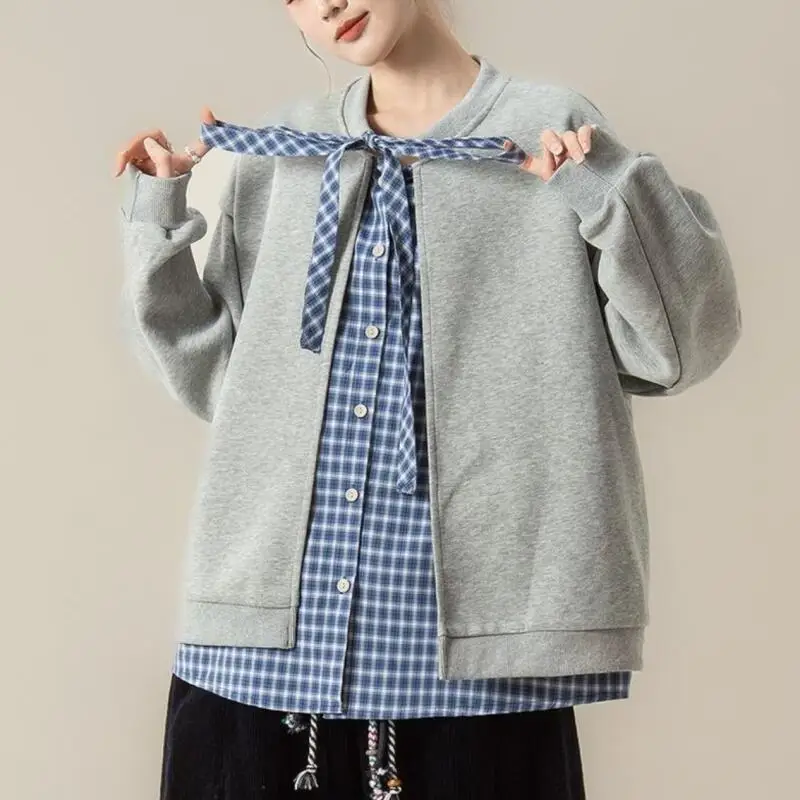 

Women's Sweatshirt Cotton Blend Plus Size Women Casual Wear Gray Fake Two Piece Plaid Versatile Early Spring Casual Hoodie