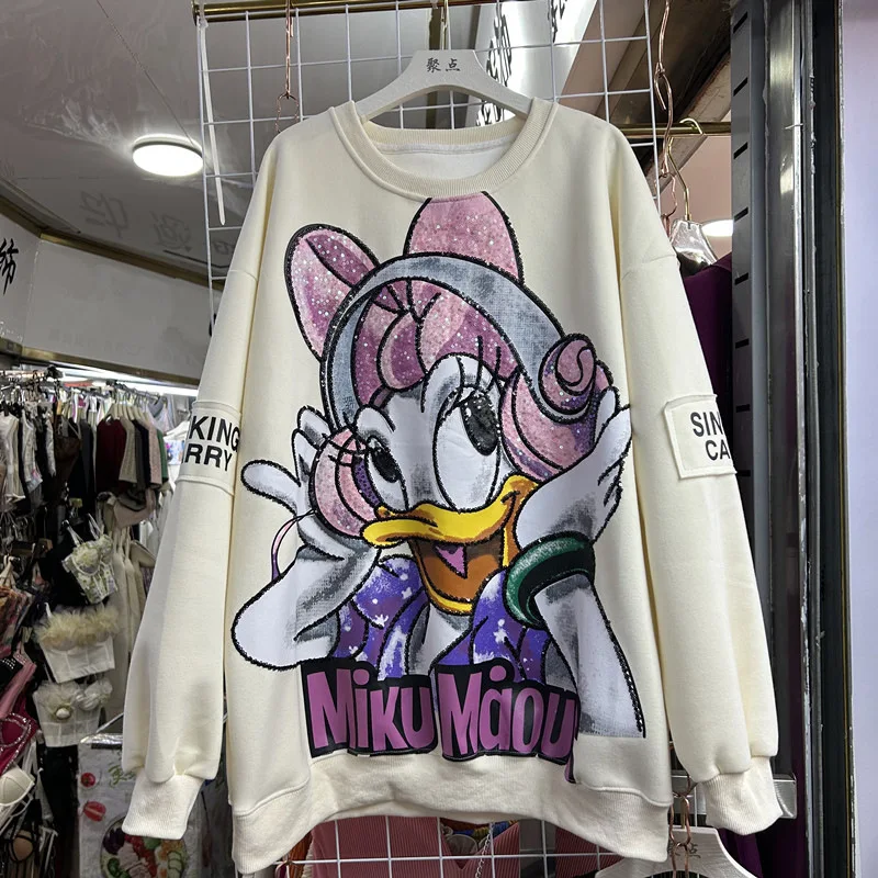 Heavy Industry Unique Design Sequin Print Cartoon Loose Long Sleeves Sweatshirt Autumn Fashion Versatile Top O-neck Hoodies Girl