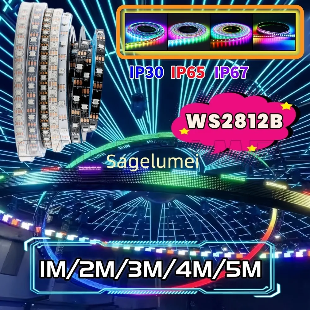 1-5M RGB Colored Light WS2812B 5050 RGBIC 5V Smart Waterproof LED Strip Individually Addressable IC 30/60/144Pixels/Leds/m Light