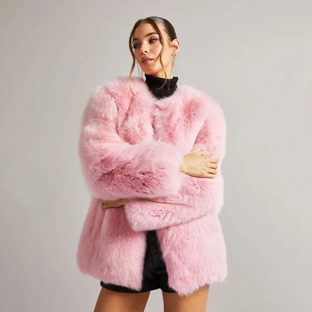 Elegant Pink Real Fox Fur Coat Luxury Full Pelt Warm Thick Jacket Women Fashion Genuine Natural Fox Fur Mid-Length Overcoat