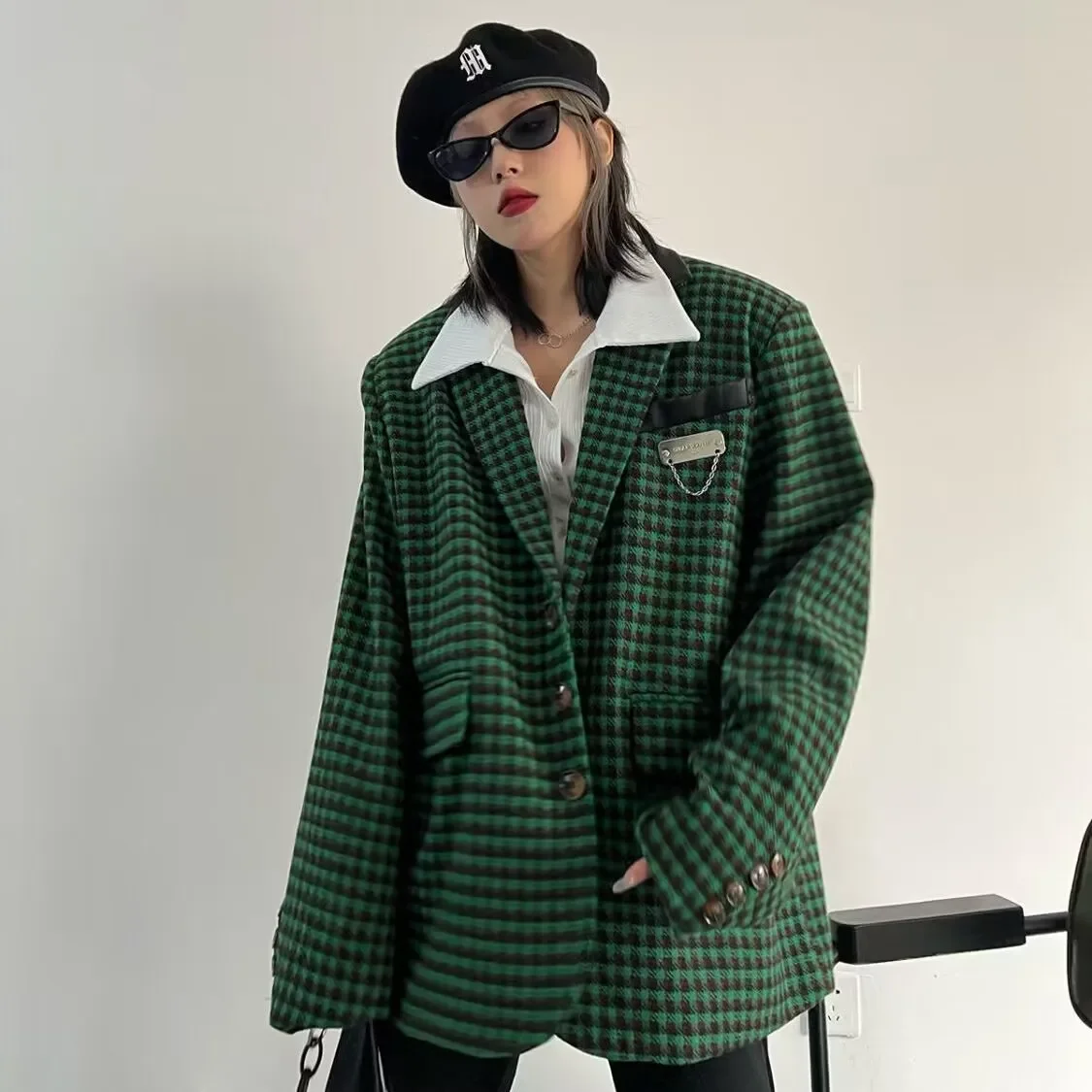 Women\'s Vintage Plaid Jacket, Korean Style, V-neck, Elegant Double Breasted Blazer, Female Streetwear, Harajuku Long Sleeve Suit