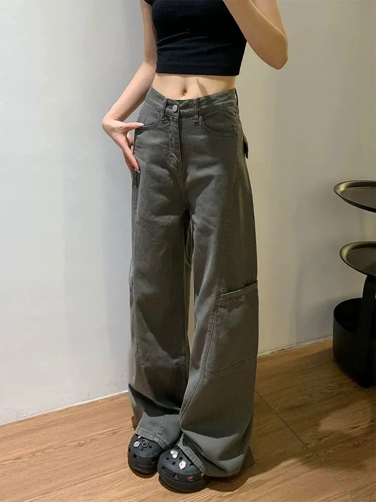 

Vintage Streetwear Cargo Jeans Women Autumn High Waist Casual Wide Leg Denim Pants Y2K Harajuku Pocket Loose Straight Trouser