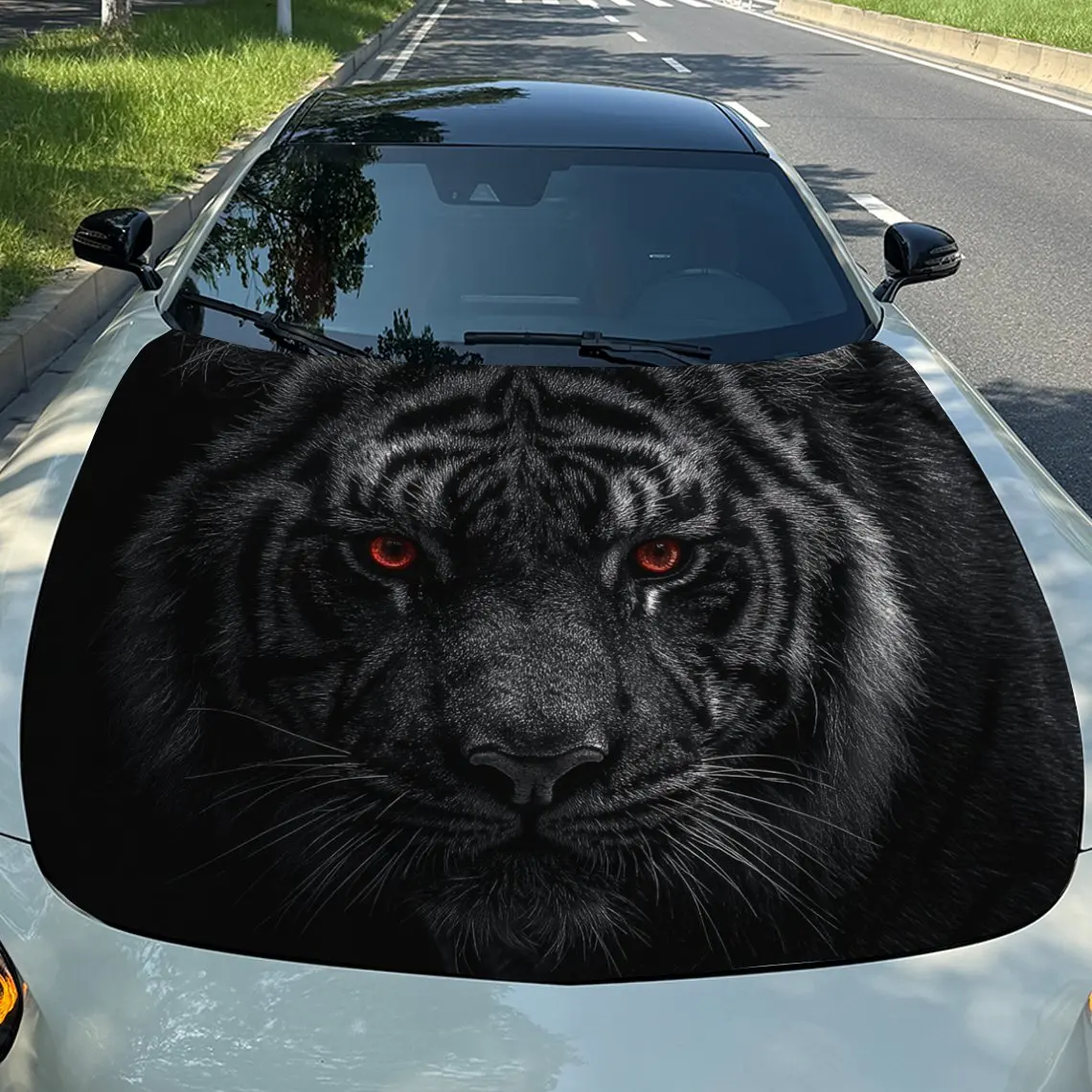 Car Decals Tiger with a Striking, Dark - Toned Artistic Appearance, Showcasing a Piercing and Intense Gaze Car Hood Sticker, Wat
