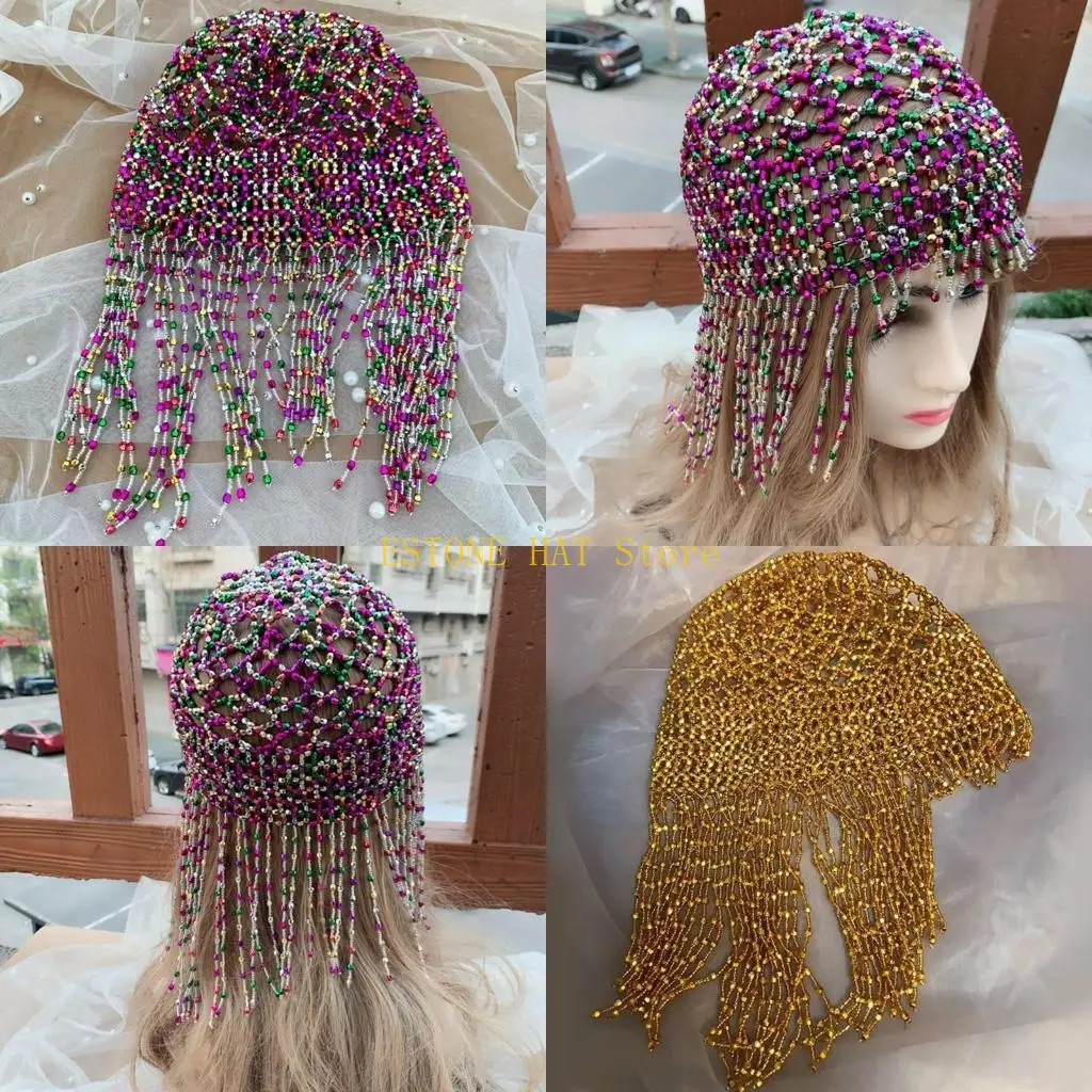 49MF Beaded Cap Headpiece Exotic Belly Dance Hair Accessory for Party Wedding