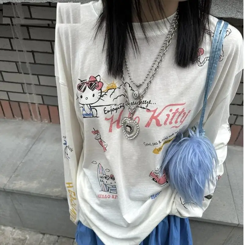 

Sanrios Cute Long Sleeve Hello Kittys Girls T Shirt Versatile Sweet Fashion Casual Comfortable Round Neck Loose Birthday Present