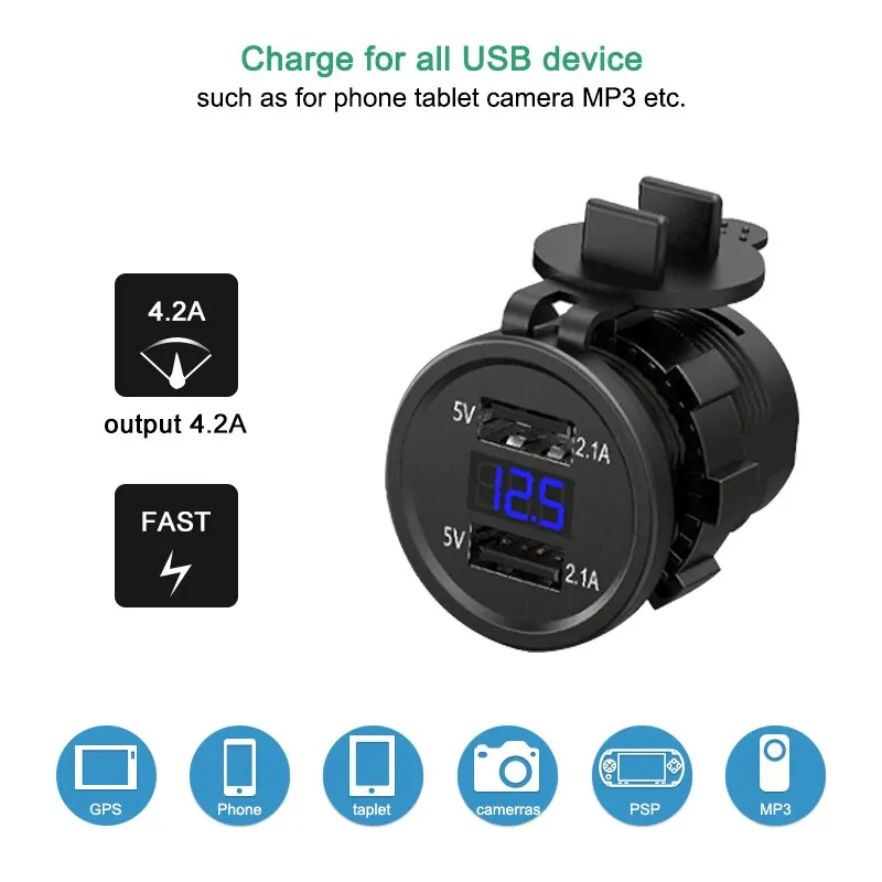 Usb carro motocicleta isqueiro duplo carregador usb 12v-24v carro moto isqueiro soquetes tomada de alimentação led