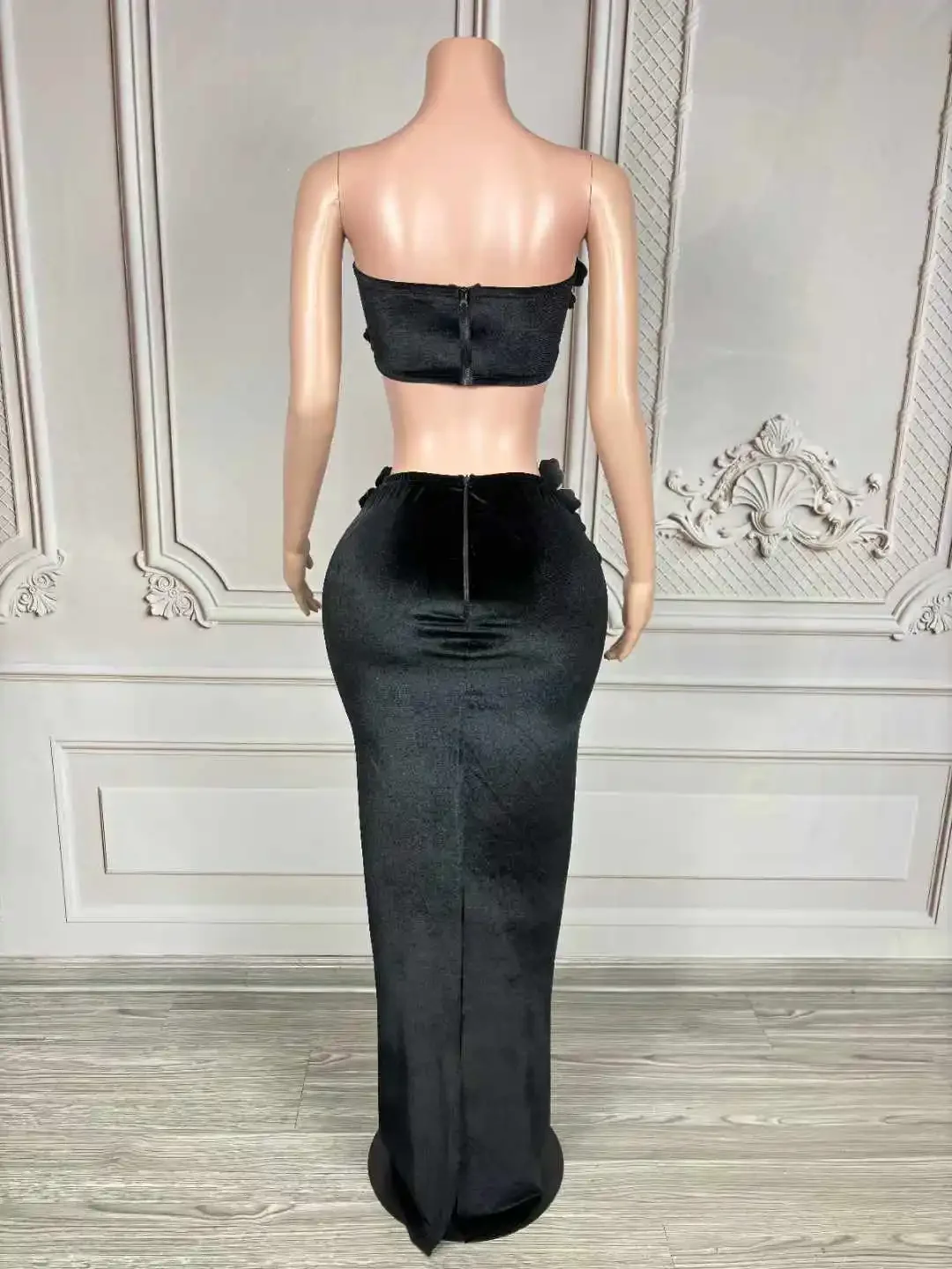 Ensemble haut et jupe en velours pour femmes, 2 pièces, strass scintillants, fleurs, soirée, fête d'anniversaire, habillée, vêtements de scène pour spectacle Las Vegas