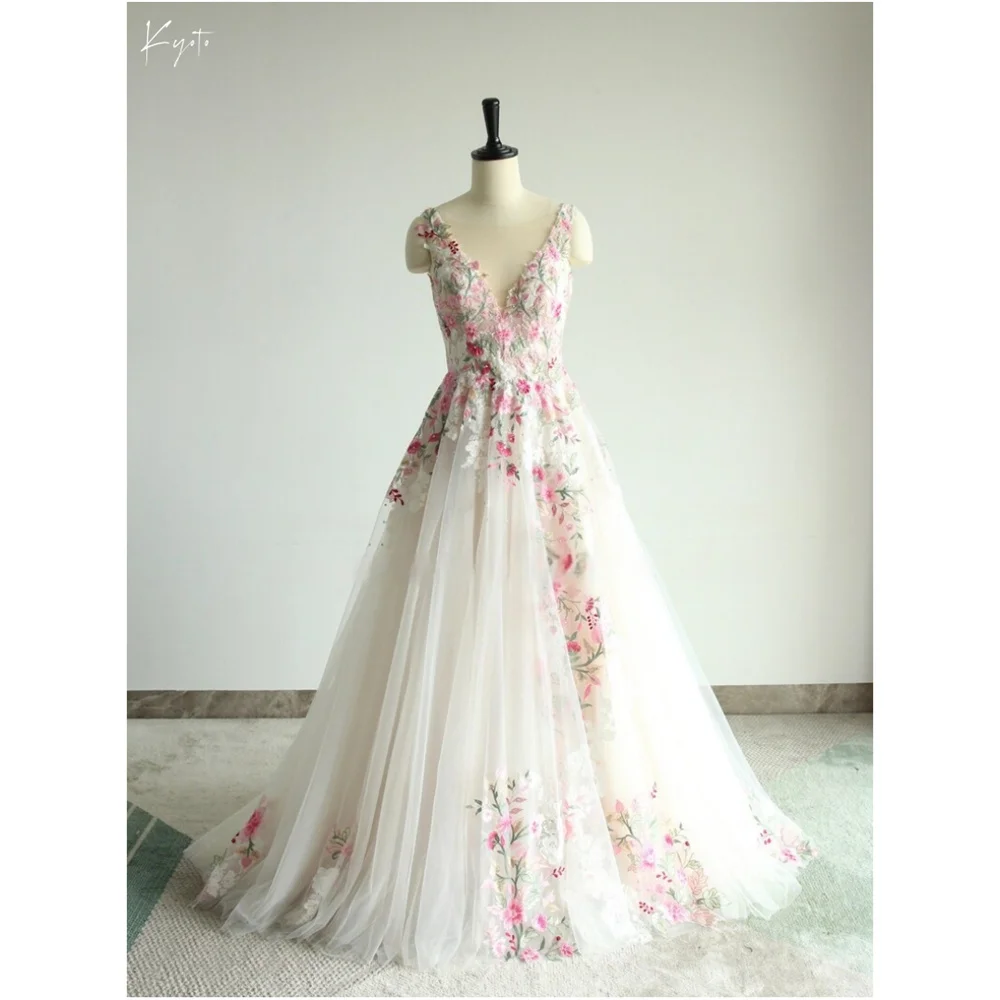 

Kyoto Customize Pink Floral Embroidery V-Neck Wedding Dress Mesh Sweep Train vestidos de novia A-line Zip Back Evening Dresses