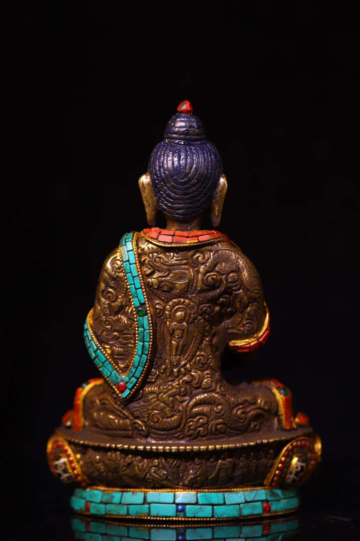 

9"Old Lima Copper Bronze Painted Mosaic Gem gZi Beads Turquoise Guru Rinpoche Sitting Buddha Lotus Terrace Worship Hall