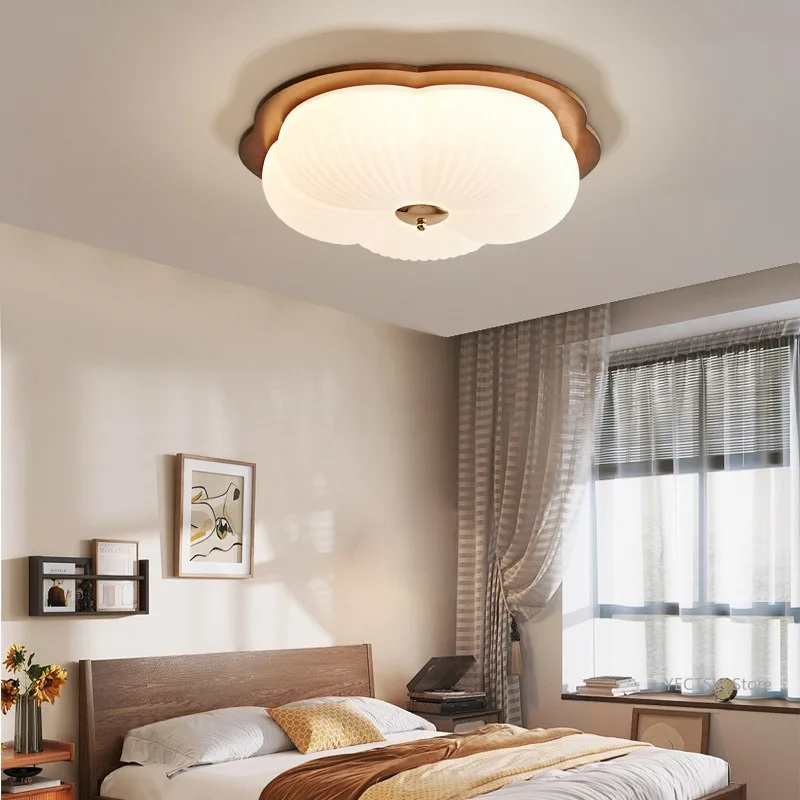 

Solid wood walnut colored ceiling light, bedroom light, vintage creative new flower shaped light