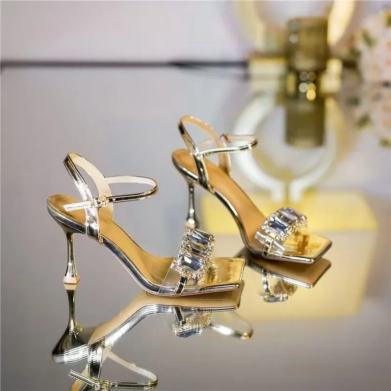 One-piece Stiletto Gold Square-toe Sandal for Women, Sheer and Sexy, High Heel, Summer New Style image 5