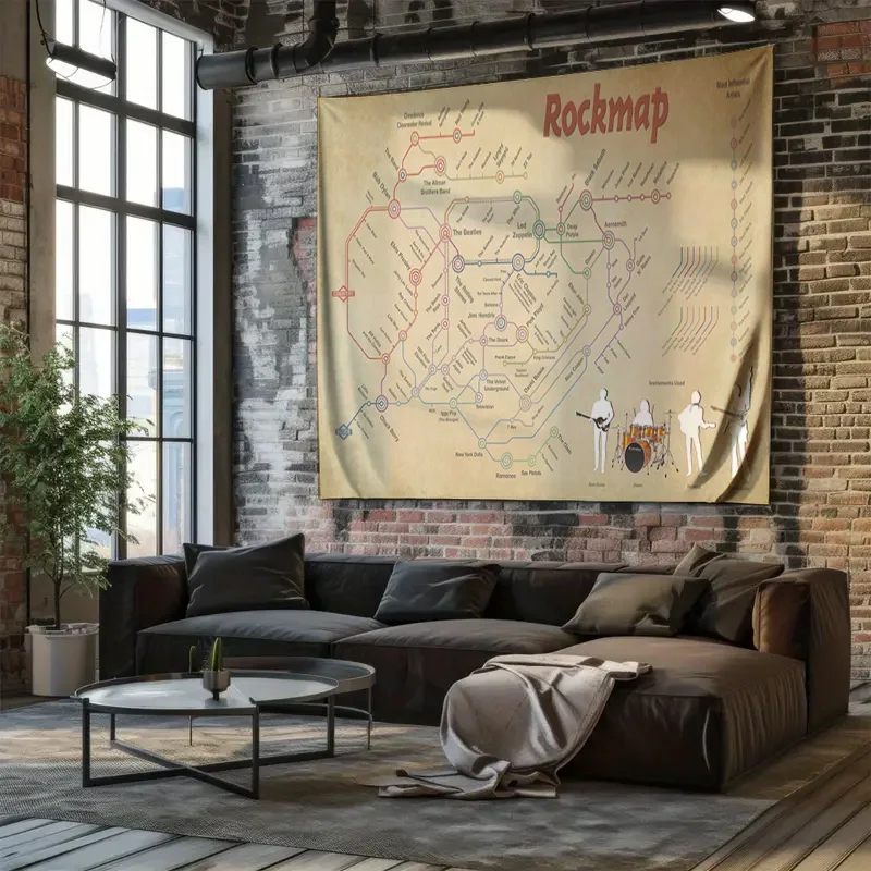 Rockmap Music Subway Style Band Timeline Wall Tapestry Machine Washable All Season Decor Print Home  Enhance spatial aesthetics