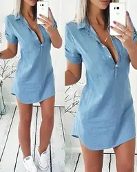 Women Sexy Dress 2024 Spring Summer Latest Short Sleeve Shirt Button Front Denim Mini Dress Turn Down Collar Pastel Short Skirt