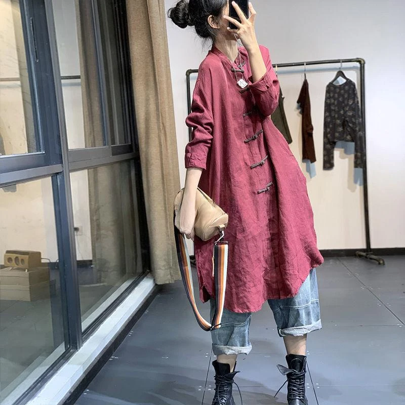 2024 new chinese style qipao button design long coat dress casual retro style women loose casual daily cheongsam blouse g579