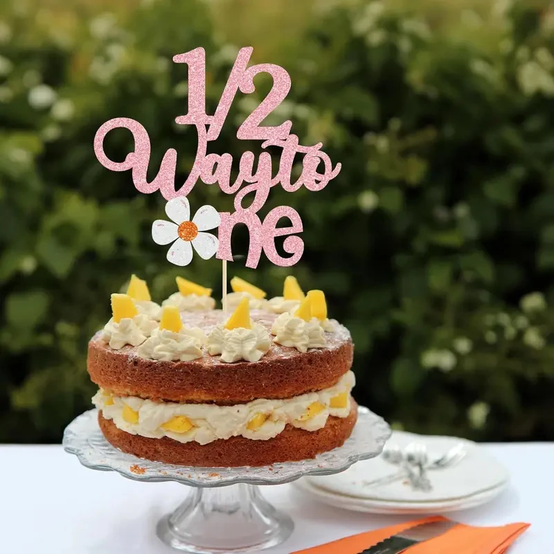 1Pc Daisy Half Way to One Cake Topper,Glitter Happy 6 Months Birthday Cake Pick 1/2 Half Birthday Cake Decoration, Baby Shower view 2
