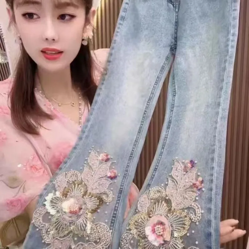 

Heavy-duty Beaded Sequined Floral Jeans Women's Slightly Flared New Summer High-waisted Slimming Long Pants Fashion Womenswear