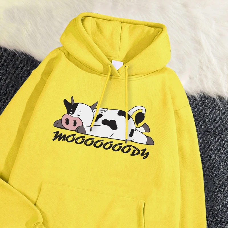 Street Womans Hoodies Kawaii Spotted Cow Printing Sweatshirts Breathable Loose Fleece Warm Pullovers Autumn Winter Sportswear