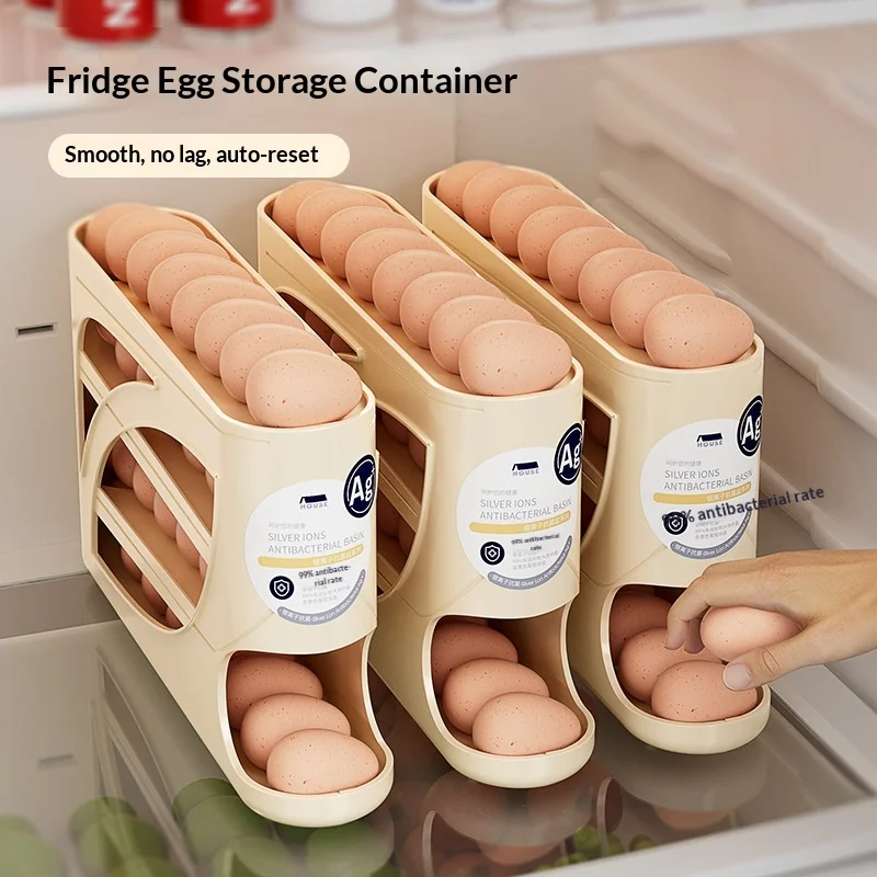 

Automatic Rolling Egg Holder for Refrigerator Large Egg Storage Box Organizer, Space Saving Fridge Side Door Dispenser Rack