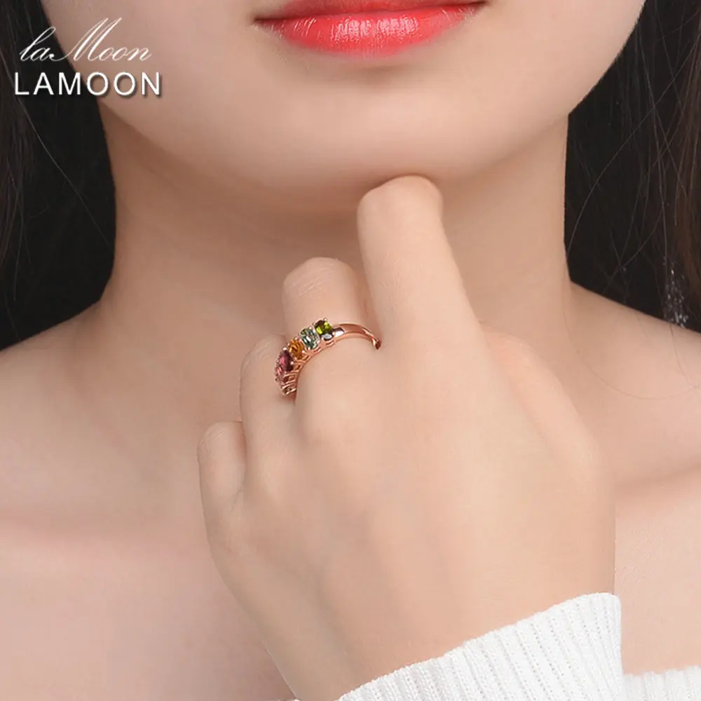 LAMOON 100% Real Natural 6pcs 1.5ct Oval Multi-color Tourmaline Ring 925 Sterling Silver Jewelry with  S925 LMRI005