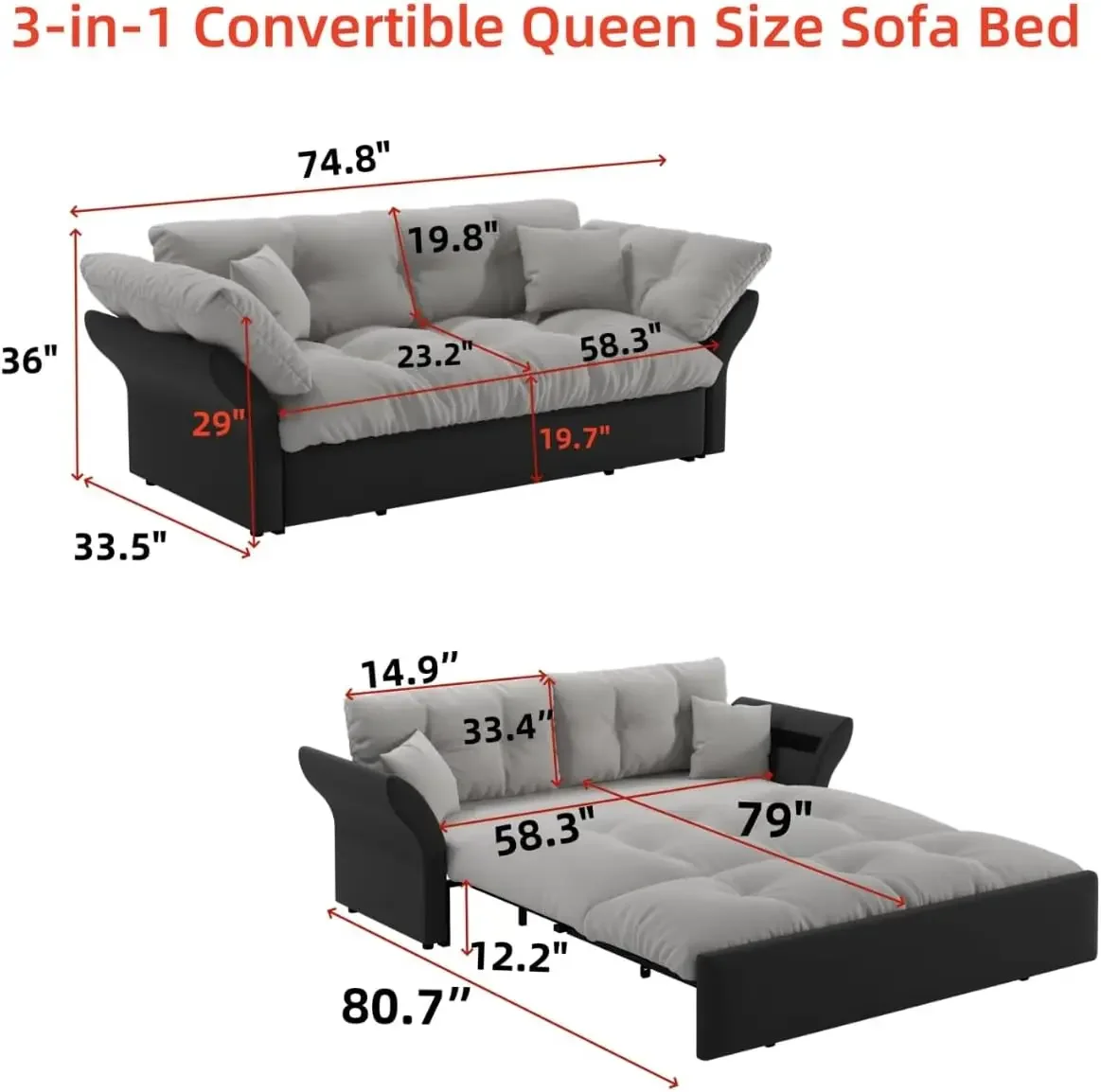 74.8'' Pull Out Sofa Bed Queen, Convertible Sleeper Sofa Couch, Velvet Loveseat Recliner