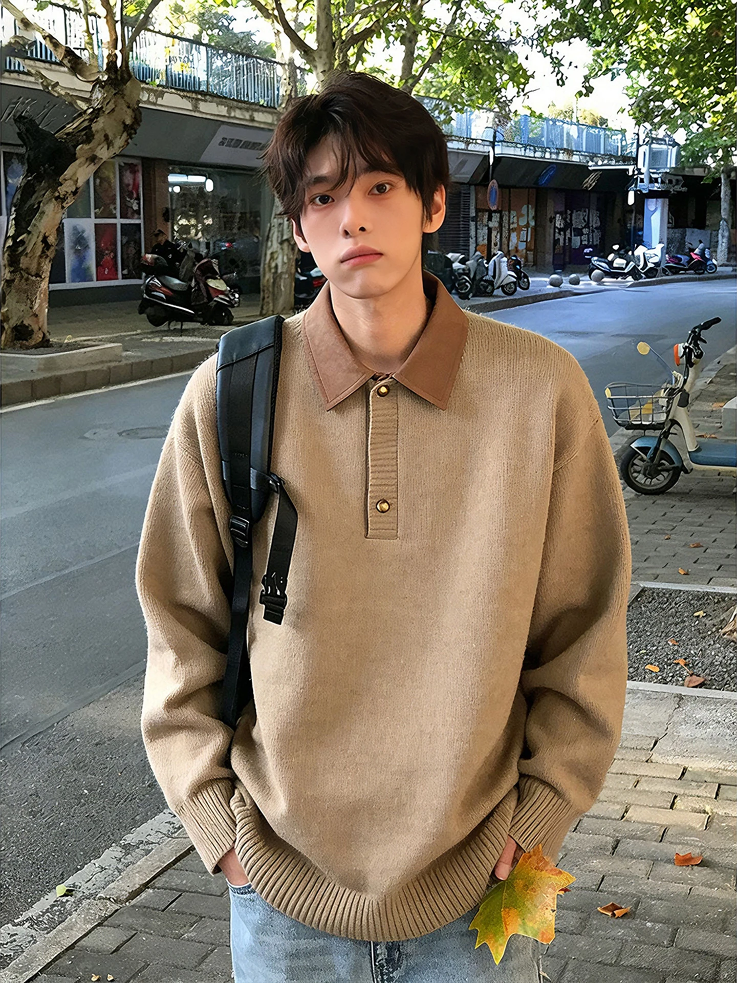 

Khaki Thiened irt Collar Sweater Men's Vintage Lazy Match All Pure Color Spring Casual Loose Fit Long Sve Knitted Top