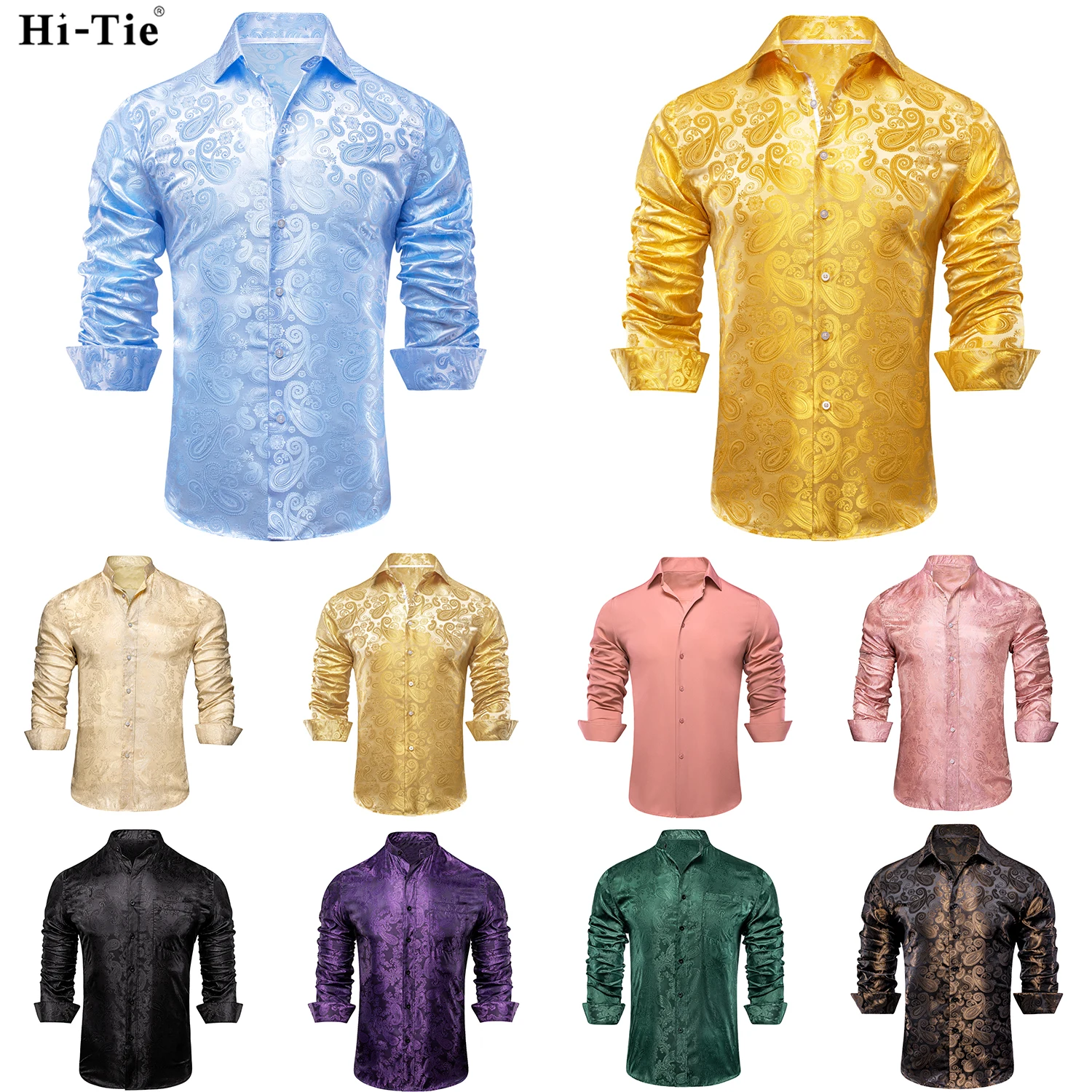 

Hi-Tie Jacquard Paisley Sky Blue Gold Mens Silk Shirt Long Sleeve Lapel Shirt Blouse Outerwear Wedding Office Breathable Quality