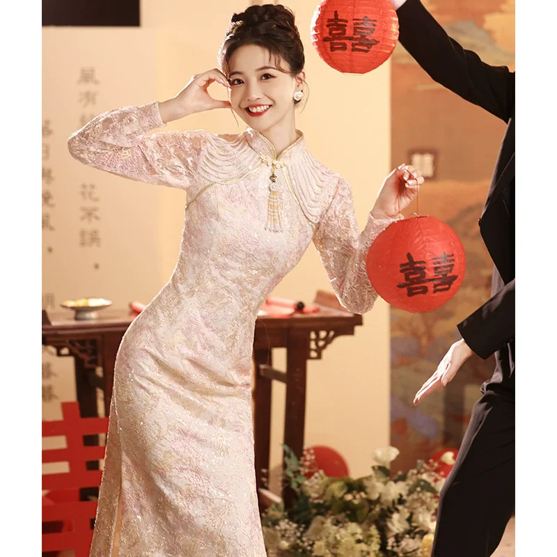 

Wedding Party Bride Cheongsam Fashion Tassel Long Sleeve Qipao Chinese Traditional Dress Elegant Exquisite Engagement Gown