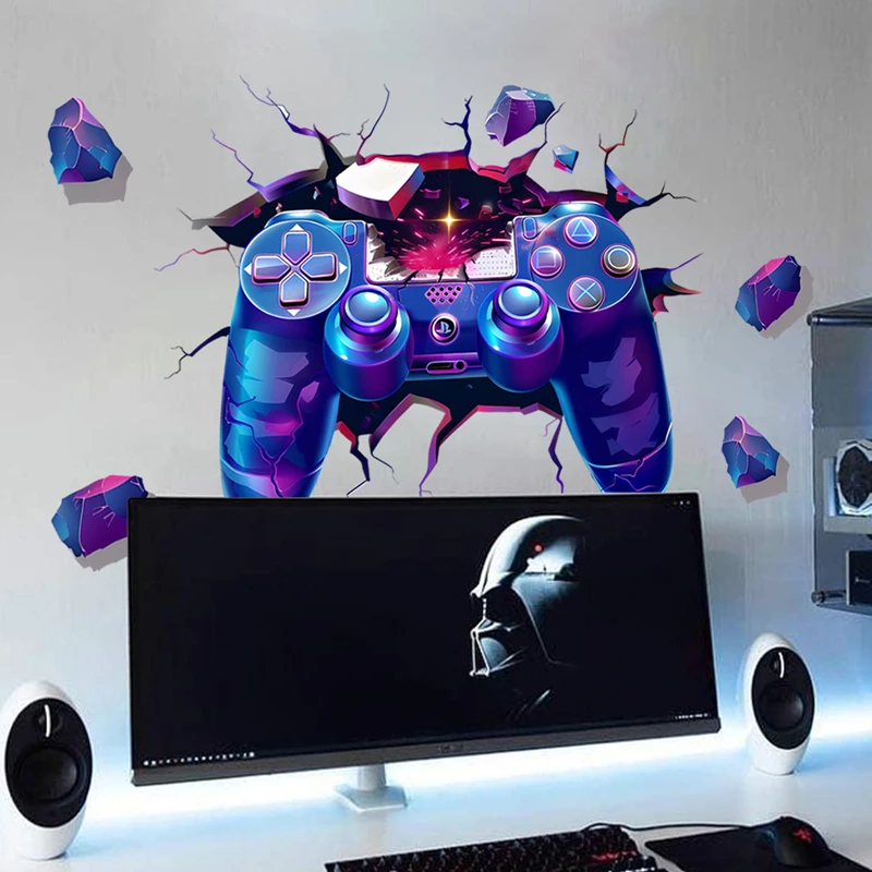 Cool Game Gamepad Wall Hole Art Gaming Sky Glowing Stars Vinyl Mural Stickers Home Decorations for Kids Room Bedroom Gamer Zone