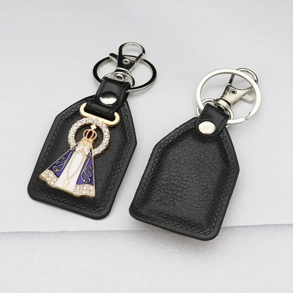 PU Leather Saint Christopher Keychain Men's Accessories Black Charm Pendant Portable Enamel Car Keychain Personal Accessories