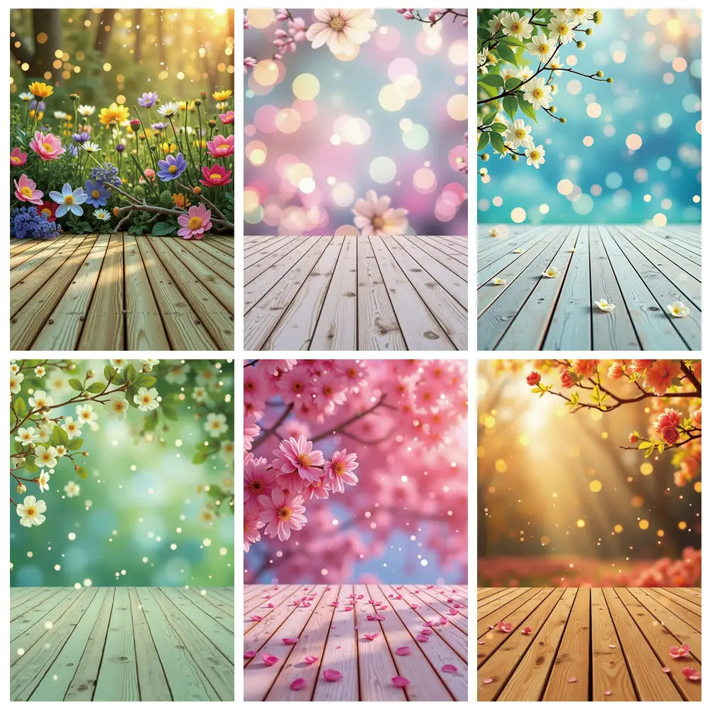 

MOON.QG Spring Floral Wood Wallpaper Background Photography Glitter Leaves Bokeh Backdrop Family Party Photo Studio Photobooth