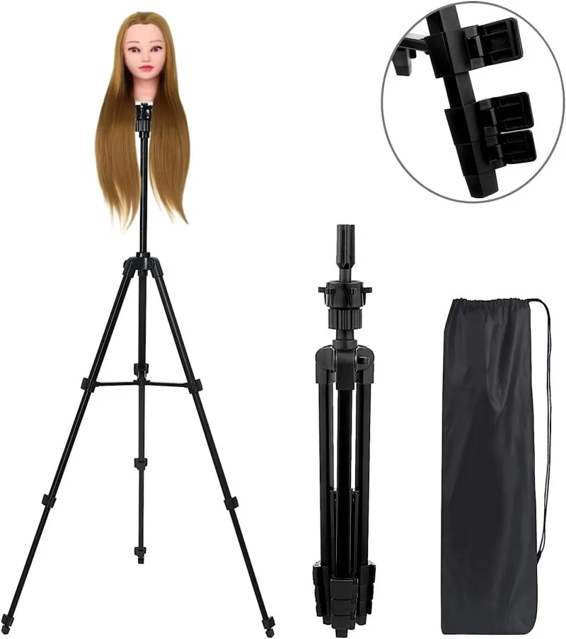 Wig Head Stand Adjustable Height Wig Tripod Stand Foldable Mannequin Head Stand for Beauty and Hairdressing Styling Training