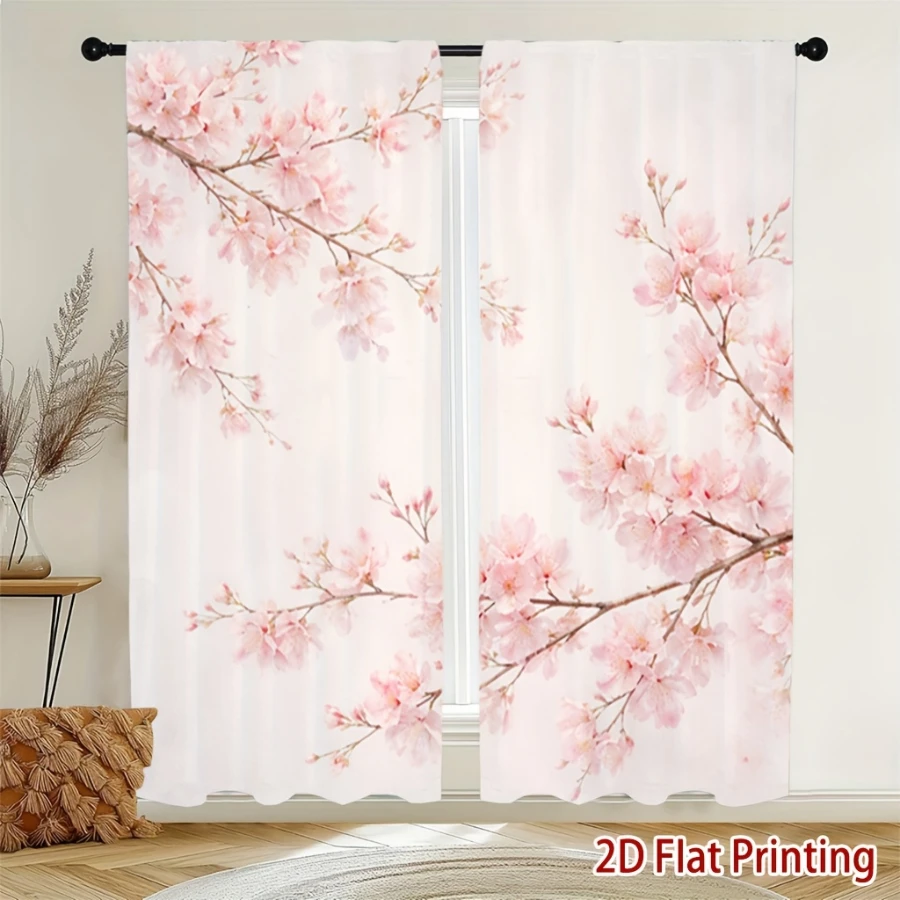 2PCS Digital Printed Curtains, Cherry Blossom Branch Pattern, Japanese Sakura Style for Living Room Bedroom Home Decor