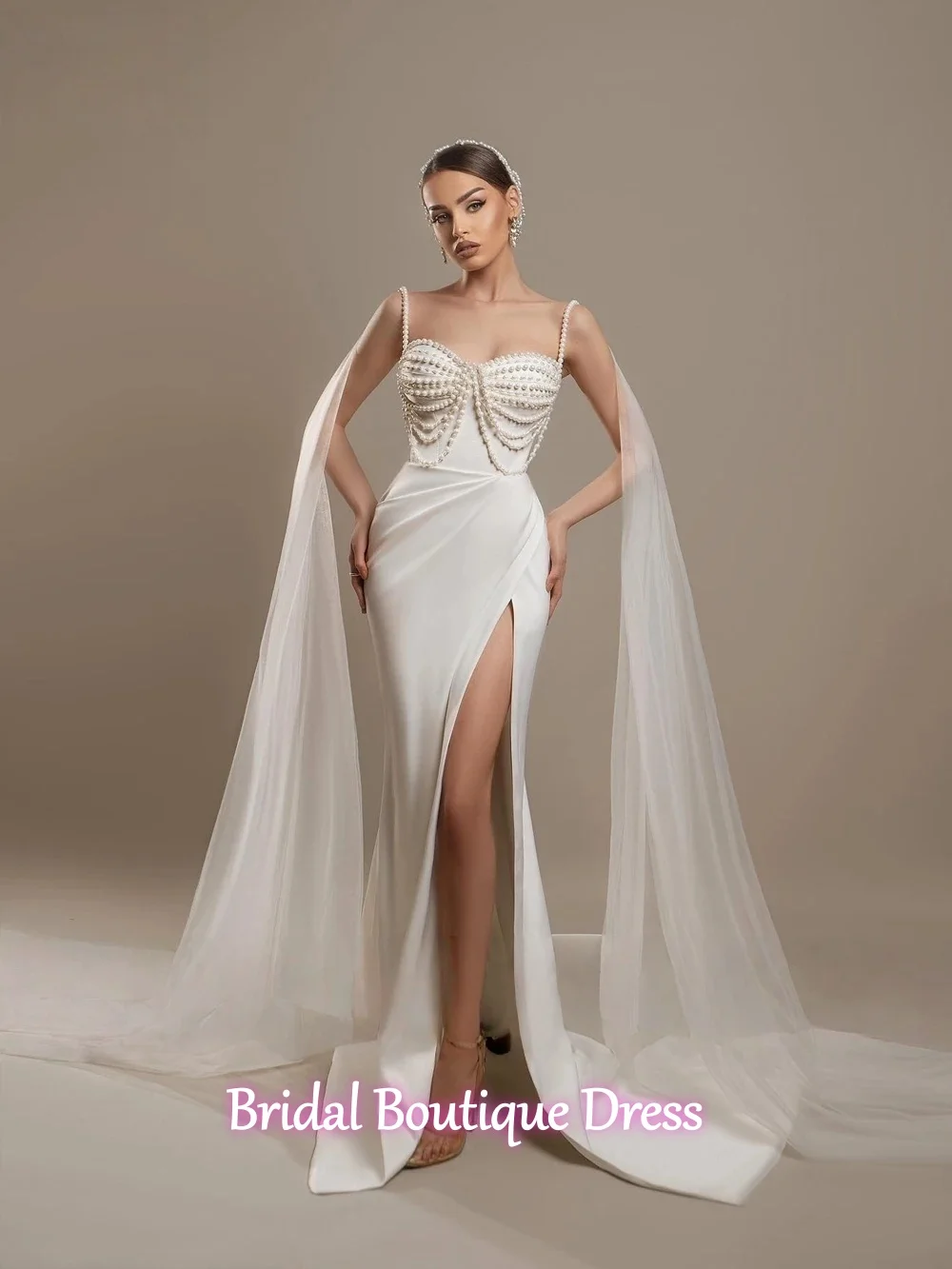 تخصيص فاخر مطرز اللؤلؤ الحبيب مثير حورية البحر فساتين الزفاف السباغيتي الأشرطة الجبهة سبليت فساتين أنيقة Vestidos De No #1