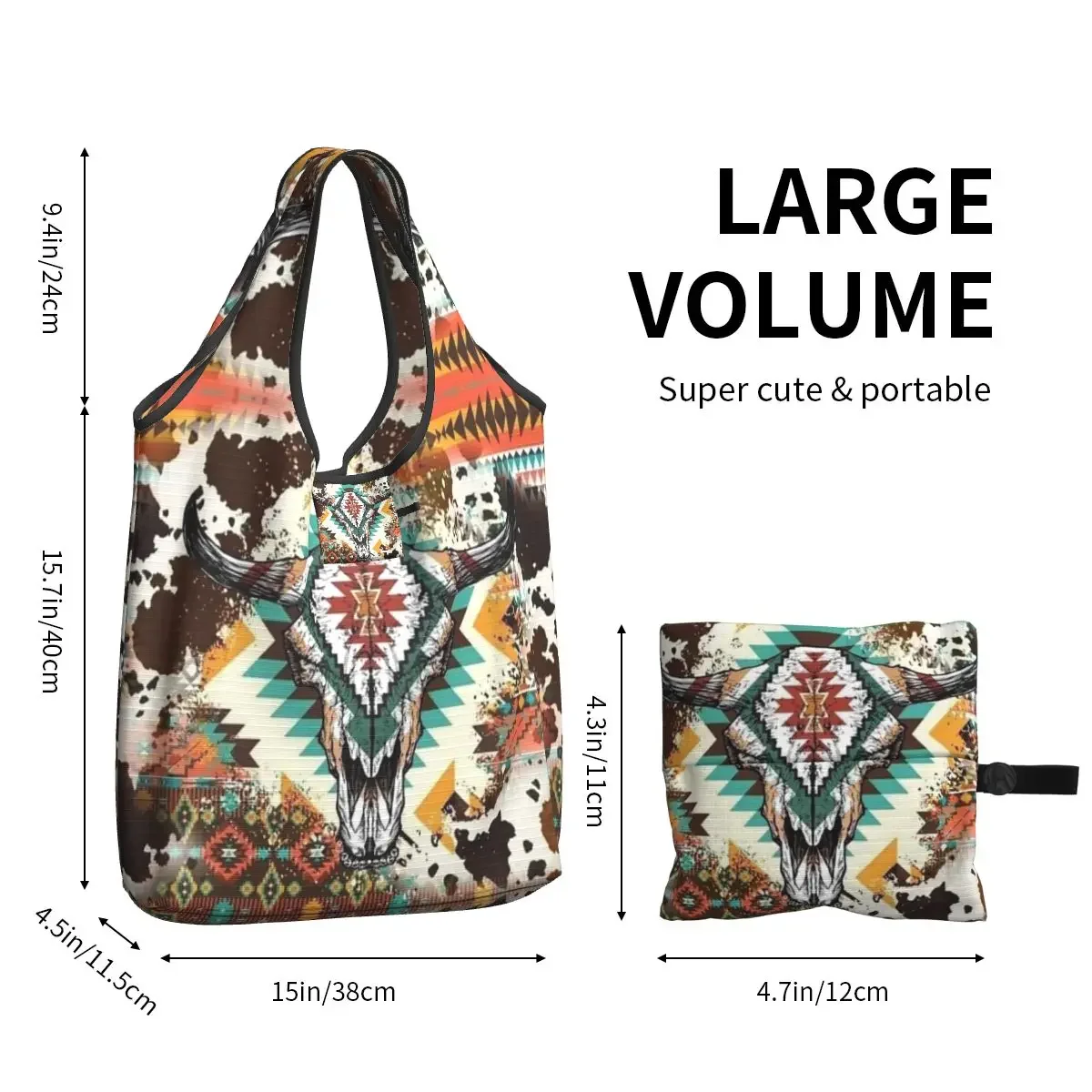 Aztec Cow Print Bull Skull Portable Tote Shopping Bags Large Capacity Shopper Bag Grocery Handbag Shoulder Bag