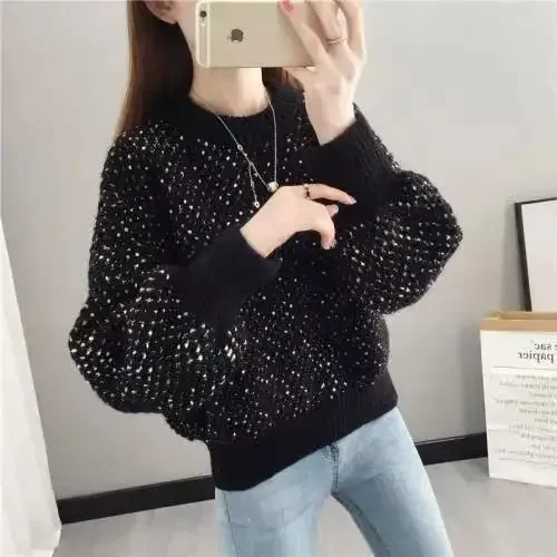 ラウンドネックのボトムスセーター、ゆったりとした着心地で、厚手のランタンスリーブセーター、新しいプルオーバー