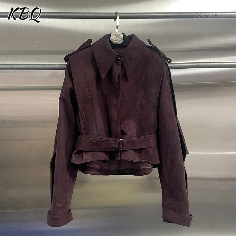 

KBQ solid Spliced Sashes tunic chic Jacket for women Lapel Long Sleeve Loose Korean Temperament Jacke female fashion winter new