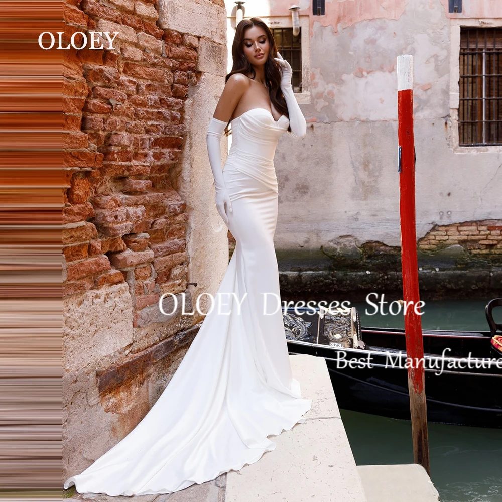 

OLOEY Elegant Ivory Mermaid Wedding Dress With Gloves Pleats Sweetheart Bridal Gown Floor Length Custom Made Vestidos De Novia