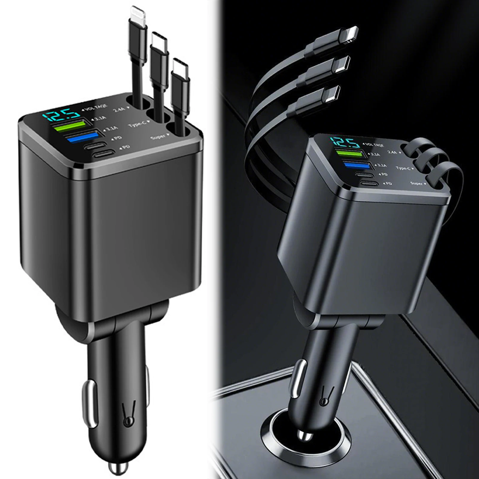 7 In 1 Retractable Cable Multi-functional Car Charger Quality Compatible To Most Devices For Phone Tablet