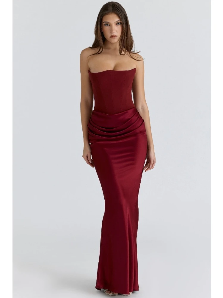

New Solid Color Waist Cinched Strapless One Shoulder Fishbone Pleated Long Hip Hugging Skirt Satin Evening Party Elegant Dress