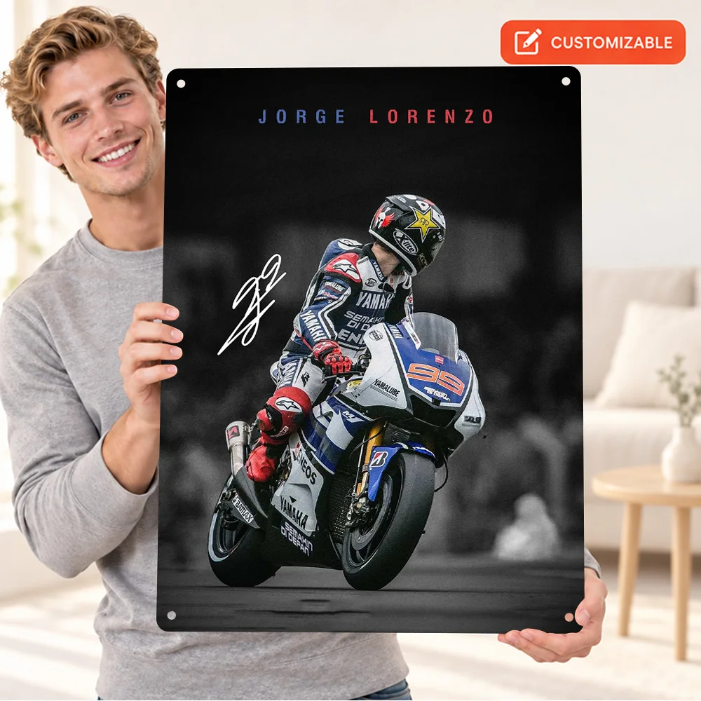 Jorge Lorenzo MotoGP Textured Metal Poster Customized Aluminum Sign Black And White With Color Accents Wall Art For Workshop