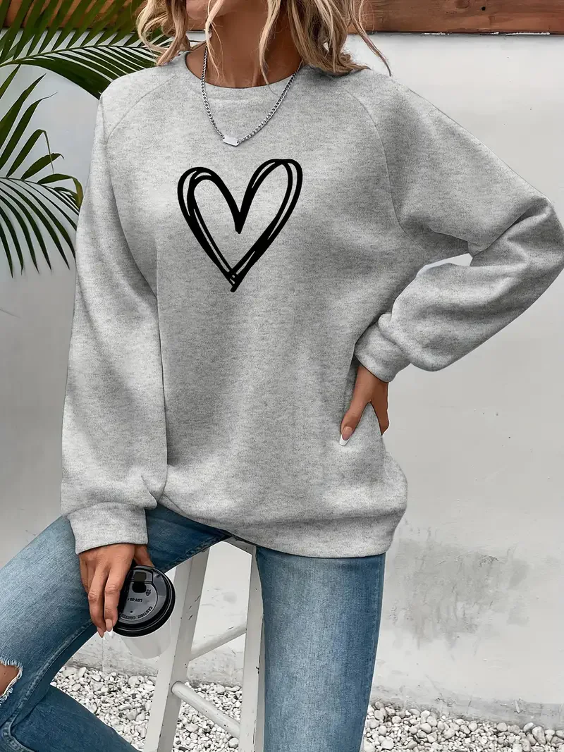 Heart Print Pullover Sweatshirt, Casual Long Sleeve Crew Neck Sweatshirt For Spring & Fall, Women\'s Clothing