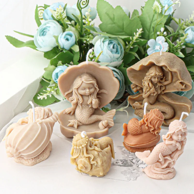 Oceanid Shell Mermaid Candle Silicone Mold Human Girl Sleep Soap Resin Plaster Mould Conch Coral Chocolate Making Decor Gifts