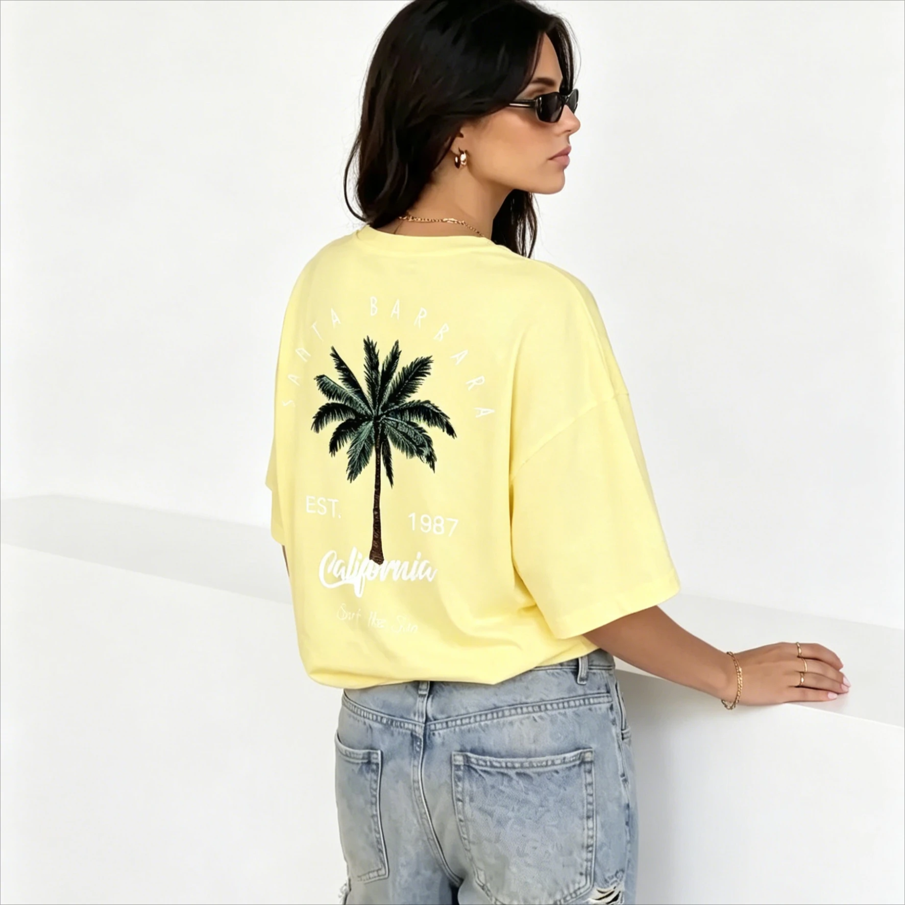 Camiseta Oversize de Algodón Estampada con Palmeras de Santa Bárbara, California 1987, Estilo Casual de Verano para Playa y Costa