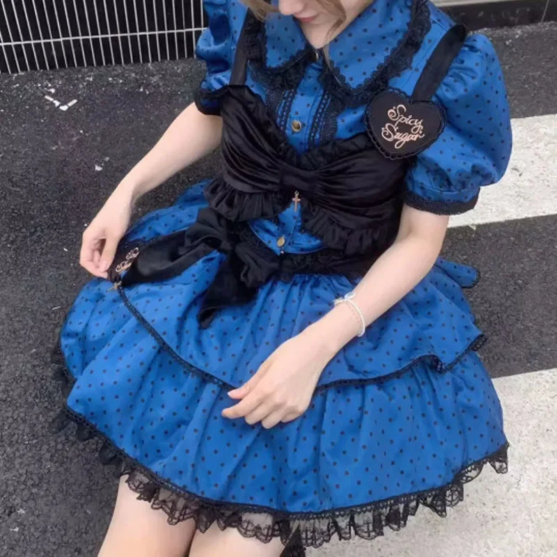 Summer New Women's Turn-down Collar Button Spliced Lace Polka Dot Bow Shirt Sweet Slim Short Sleeve Short Skirts Set 2025