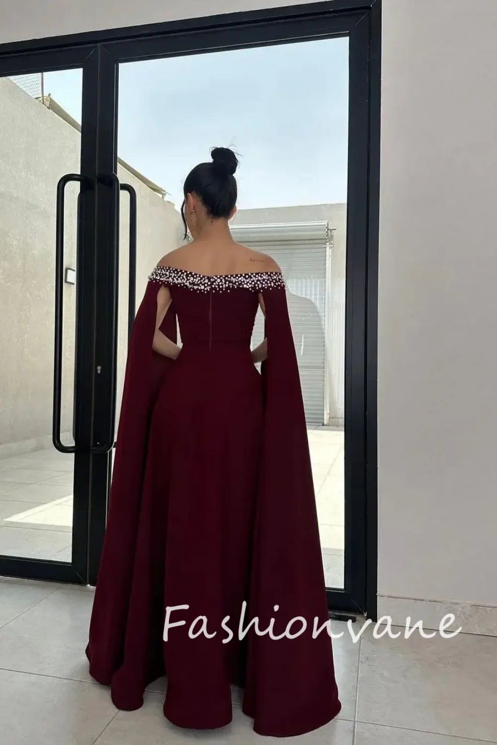 Fashionvane 2024 personalizado arábia saudita fora do ombro sem mangas vestidos de baile frisado formal vestido de noite casamento convidado