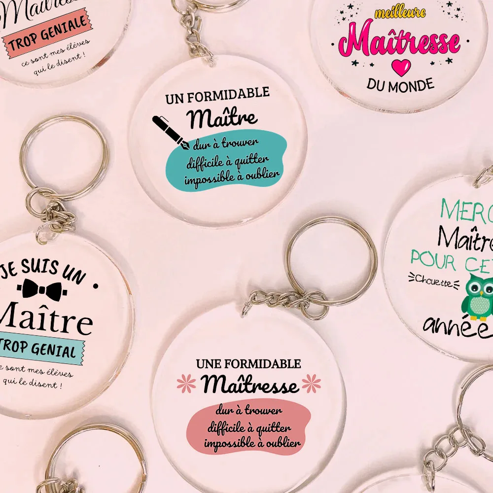 Best Teacher in The World French Print Key Keychain Circle Chain Acrylic Keyring Teacher's Day Graduate Thanks Gift for Teacher